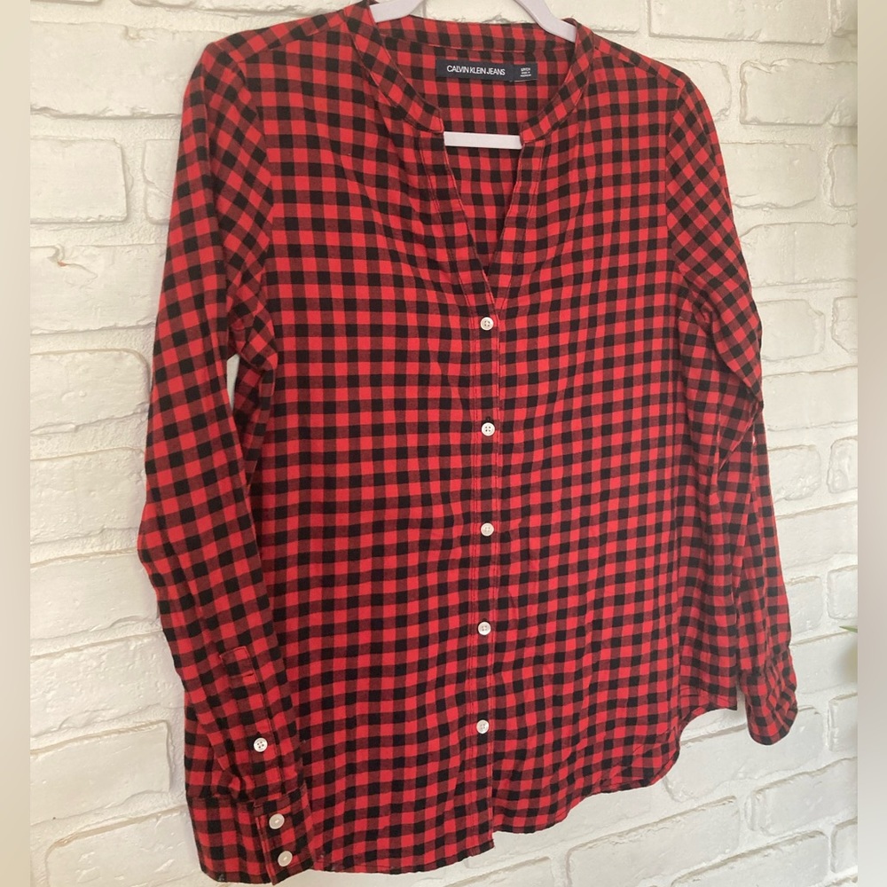 Calvin Klein Jeans Button Down Red Black Plaid Shirt Top Women’s Small - Picture 2 of 10